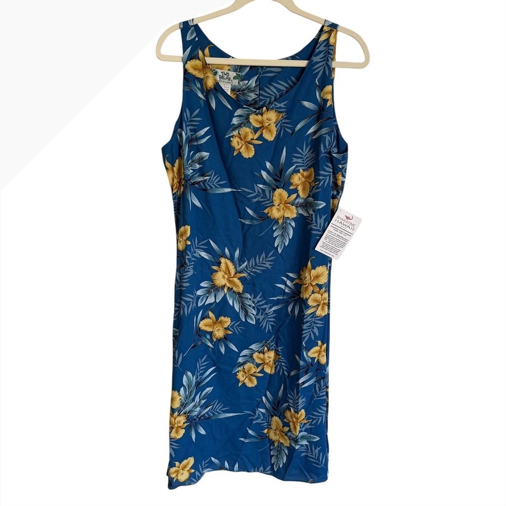Vintage NWT Two Palms Hawaii Blue Yellow‎ Floral Aloha Dress XL V-Neck Shift New
